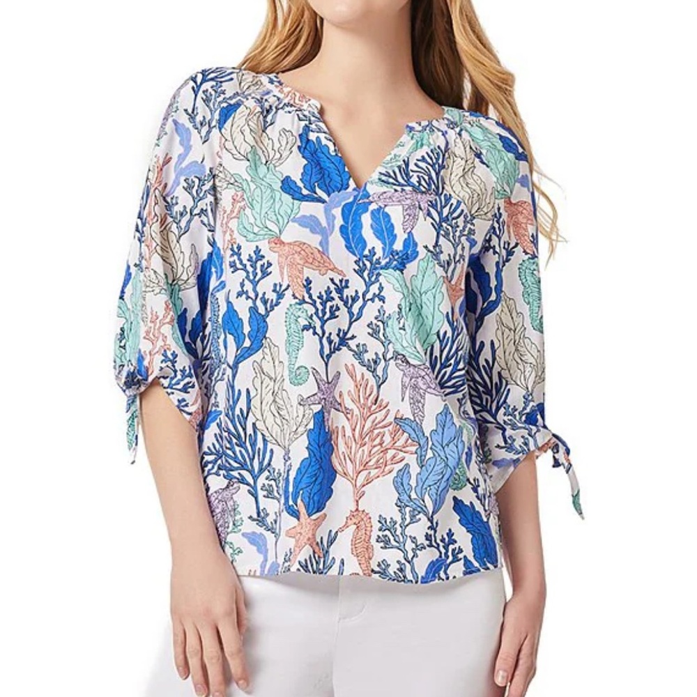 Jones New York Linen Blend Top S V-neck Tie 3/4 Sleeve Cuff  Sea Turtle Starfish